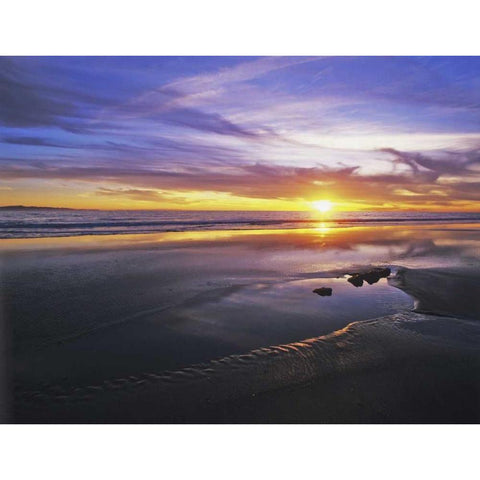 CA, Santa Barbara Sunset on the ocean and beach Gold Ornate Wood Framed Art Print with Double Matting by Flaherty, Dennis