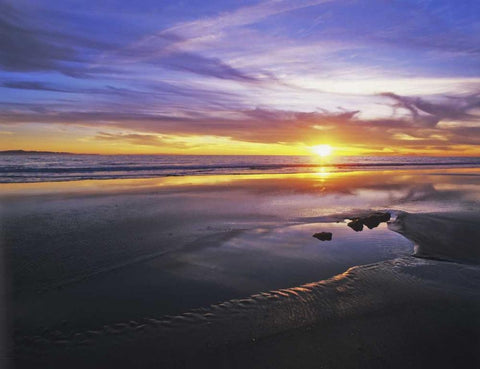 CA, Santa Barbara Sunset on the ocean and beach Black Ornate Wood Framed Art Print with Double Matting by Flaherty, Dennis