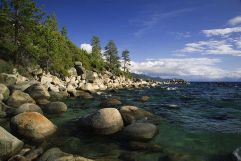 CA, Lake Tahoe Granite boulders line a lake White Modern Wood Framed Art Print with Double Matting by Flaherty, Dennis