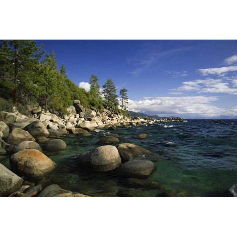 CA, Lake Tahoe Granite boulders line a lake Black Modern Wood Framed Art Print with Double Matting by Flaherty, Dennis
