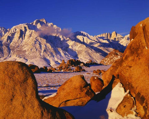 CA, Mt Whitney and Lone Pine peak in winter White Modern Wood Framed Art Print with Double Matting by Flaherty, Dennis