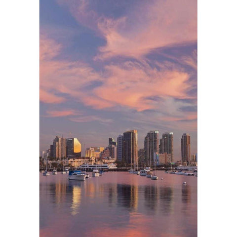 CA, San Diego Sunset view of marina and downtown Black Modern Wood Framed Art Print by Paulson, Don
