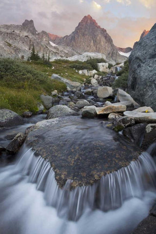 CA, Inyo NF Stream with waterfall and Mt Ritter White Modern Wood Framed Art Print with Double Matting by Paulson, Don