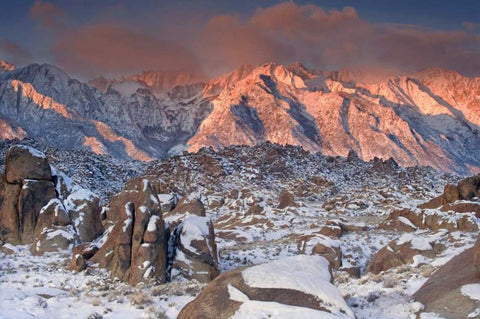 CA, Eastern Sierras Sunlight on winter landscape Black Ornate Wood Framed Art Print with Double Matting by Welling, Dave