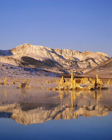 California Hills and tufas reflect in Mono lake White Modern Wood Framed Art Print with Double Matting by Flaherty, Dennis