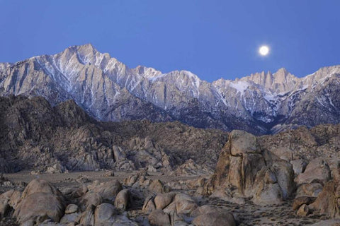 CA, Moonset on Lone Pine Peak and Mt Whitney White Modern Wood Framed Art Print with Double Matting by Flaherty, Dennis