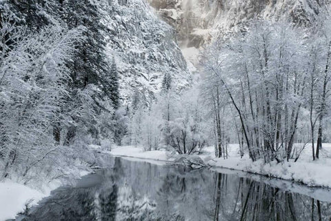 CA, Yosemite Winter landscape of Merced River White Modern Wood Framed Art Print with Double Matting by Bush, Marie