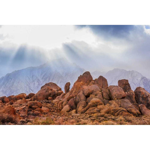 CA, Alabama Hills God rays over Lone Pine Peak Black Modern Wood Framed Art Print by Paulson, Don