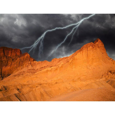 California-Death Valley National Park Composite of lightning over Golden Canyon at sunset White Modern Wood Framed Art Print by Jaynes Gallery