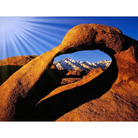 California-Alabama Hills Sun rays and granite arch that frames Lone Pine Peak White Modern Wood Framed Art Print by Jaynes Gallery