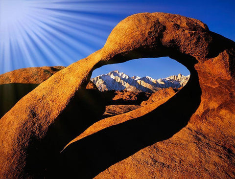 California-Alabama Hills Sun rays and granite arch that frames Lone Pine Peak White Modern Wood Framed Art Print with Double Matting by Jaynes Gallery