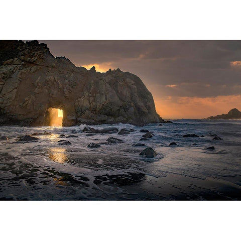 Usa-California Sunsets gleams through this hole in the rock along the Big Sur coast Black Modern Wood Framed Art Print with Double Matting by Sederquist, Betty