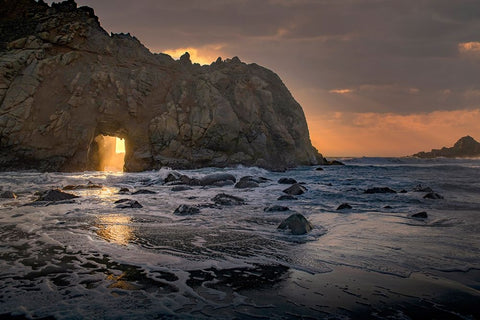 Usa-California Sunsets gleams through this hole in the rock along the Big Sur coast White Modern Wood Framed Art Print with Double Matting by Sederquist, Betty