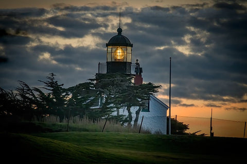 Point Pinos shines its light at sunset. Black Ornate Wood Framed Art Print with Double Matting by Sederquist, Betty