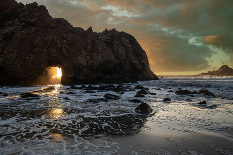 Sunset shines through a tunnel in this sea rock at Big Sur. White Modern Wood Framed Art Print with Double Matting by Sederquist, Betty