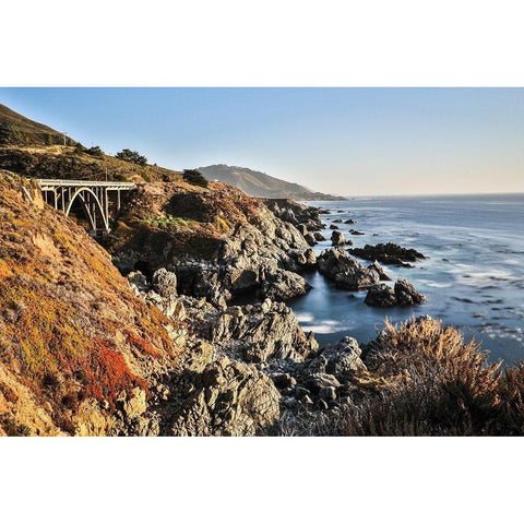 California-Big Sur-Granite Canyon Bridge-The View along the Coast Below the Bridge White Modern Wood Framed Art Print by Looney, Hollice