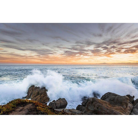 Crashing winter waves on the rocks of Lovers Point in Pacific Grove-Monterey Peninsula-California White Modern Wood Framed Art Print by Haddad, Sheila