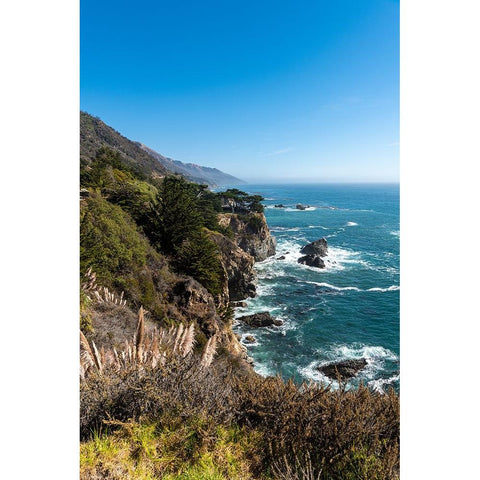 The rugged coastline of Big Sur with wisps of fog drifting into the hills Black Modern Wood Framed Art Print by Haddad, Sheila