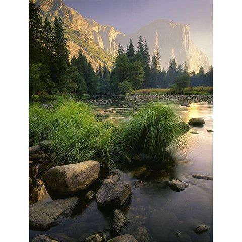 Merced River flows through Yosemite National Park in California Black Modern Wood Framed Art Print with Double Matting by SMO