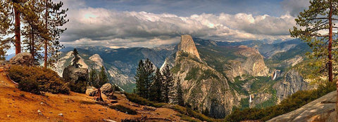 Panoramic view across Yosemite National Park to half dome in California Black Ornate Wood Framed Art Print with Double Matting by SMO
