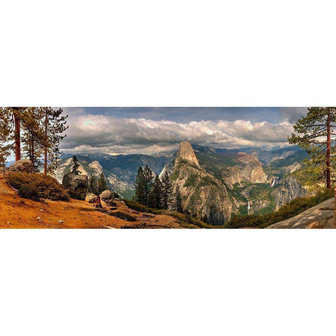 Panoramic view across Yosemite National Park to half dome in California Black Modern Wood Framed Art Print with Double Matting by SMO