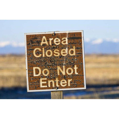 CO, An aged warning sign in the Monte Vista NWR White Modern Wood Framed Art Print by Lord, Fred