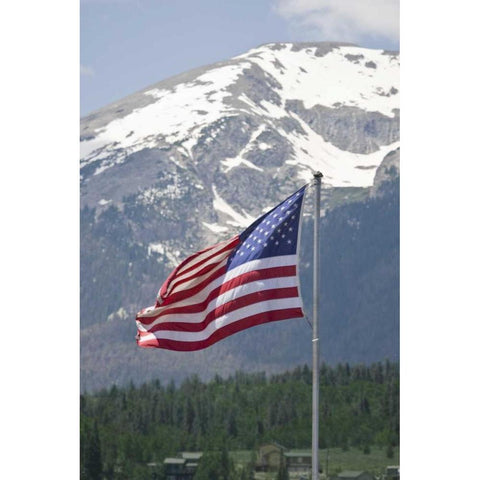 CO, Silverthorne American flag and mountain Black Modern Wood Framed Art Print by Lord, Fred