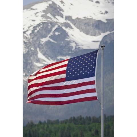 CO, Silverthorne American flag and mountain White Modern Wood Framed Art Print by Lord, Fred