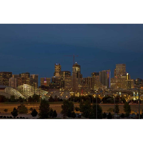 USA, Colorado, Denver Skyline at dusk Black Modern Wood Framed Art Print with Double Matting by Grall, Don