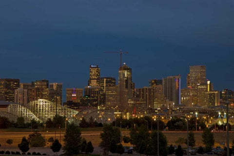 USA, Colorado, Denver Skyline at dusk Black Ornate Wood Framed Art Print with Double Matting by Grall, Don