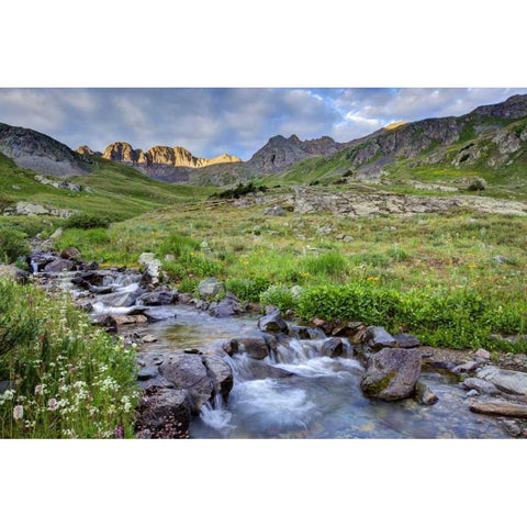 CO, Sunrise on stream in American Basin Black Modern Wood Framed Art Print with Double Matting by Flaherty, Dennis