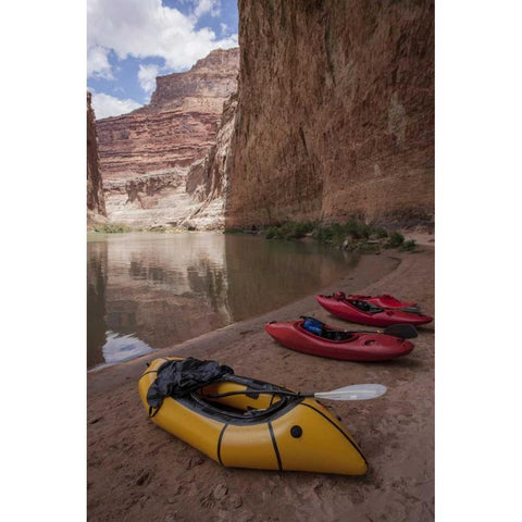 AZ, Grand Canyon, Kayaks lie on the beach Black Modern Wood Framed Art Print by Grall, Don