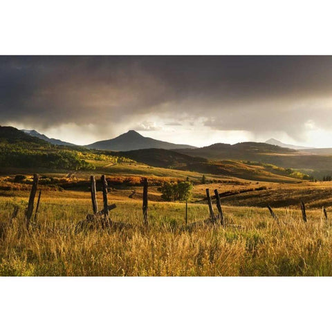 CO, San Juan Mts Landscape and fence at sunset Black Modern Wood Framed Art Print with Double Matting by Bush, Marie