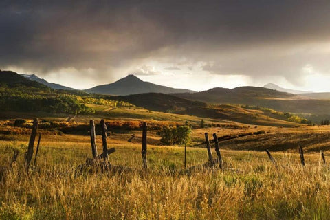 CO, San Juan Mts Landscape and fence at sunset Black Ornate Wood Framed Art Print with Double Matting by Bush, Marie