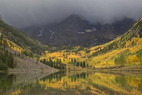 CO Autumn clouds on Maroon Bells mountains White Modern Wood Framed Art Print with Double Matting by Grall, Don
