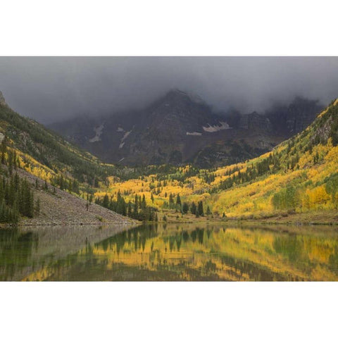 CO Autumn clouds on Maroon Bells mountains Black Modern Wood Framed Art Print by Grall, Don