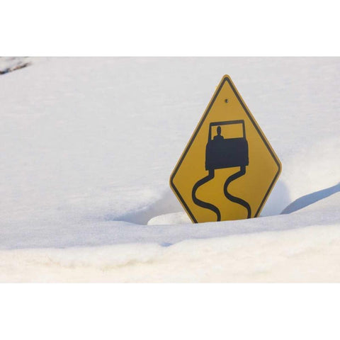 Colorado A slippery when wet sign buried in snow Black Modern Wood Framed Art Print with Double Matting by Grall, Don