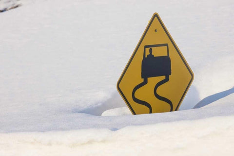 Colorado A slippery when wet sign buried in snow White Modern Wood Framed Art Print with Double Matting by Grall, Don