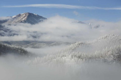 CO, Clouds fill the valleys below Pikes Peak White Modern Wood Framed Art Print with Double Matting by Grall, Don