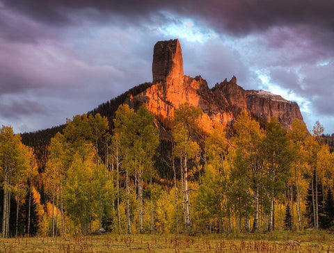 Colorado-San Juan Mountains Chimney Rock formation and aspens at sunset  White Modern Wood Framed Art Print with Double Matting by Jaynes Gallery