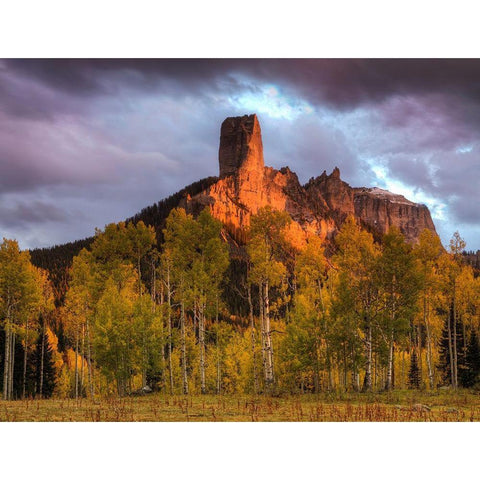 Colorado-San Juan Mountains Chimney Rock formation and aspens at sunset  Black Modern Wood Framed Art Print by Jaynes Gallery