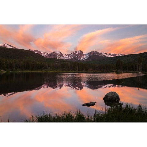 Colorado-Rock Mountain National Park Sunrise reflection in Sprague Lake  White Modern Wood Framed Art Print by Jaynes Gallery