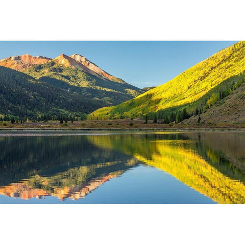 Colorado-San Juan Mountains Crystal Lake reflection in autumn  Black Modern Wood Framed Art Print by Jaynes Gallery