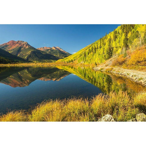 Colorado-San Juan Mountains Crystal Lake reflection in autumn  Black Modern Wood Framed Art Print by Jaynes Gallery