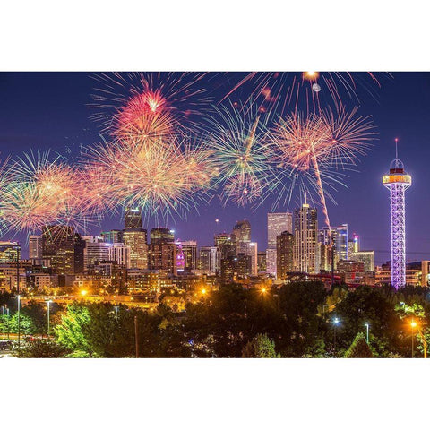 Colorado-Denver Fireworks over city on July 4th Black Modern Wood Framed Art Print by Jaynes Gallery