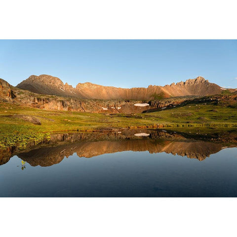 USA-Colorado-Uncompahgre National Forest Three Needles mountains reflect in mountain pond Black Modern Wood Framed Art Print by Jaynes Gallery