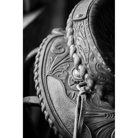 USA-Colorado-Custer County-Westcliffe-Music Meadows Ranch Tack room Tooled leather western saddle Black Modern Wood Framed Art Print by Hopkins, Cindy Miller