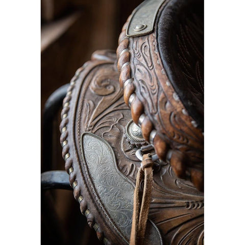 USA-Colorado-Custer County-Westcliffe-Music Meadows Ranch Tack room Tooled leather western saddle Black Modern Wood Framed Art Print with Double Matting by Hopkins, Cindy Miller