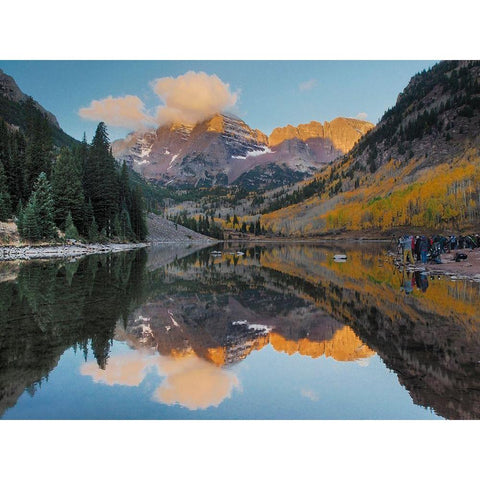 Colorado-Maroon Bells Mountain lake reflections in autumn sunrise White Modern Wood Framed Art Print by Eggers, Julie