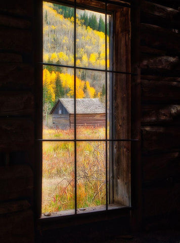 Colorado Looking out a window in the ghost town of Ashcroft in autumn near Aspen-Colorado White Modern Wood Framed Art Print with Double Matting by Eggers, Julie